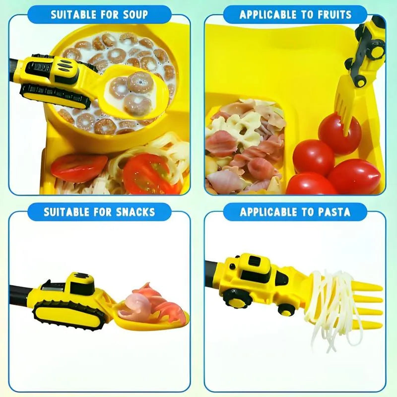 Construction Vehicle Kids Utensil Set ๐ | 3-Piece Feeding Set with Spoon, Fork & Storage Case | Soft Grip | Dishwasher Safe | Perfect for Travel & Home | Gift Set Utensils