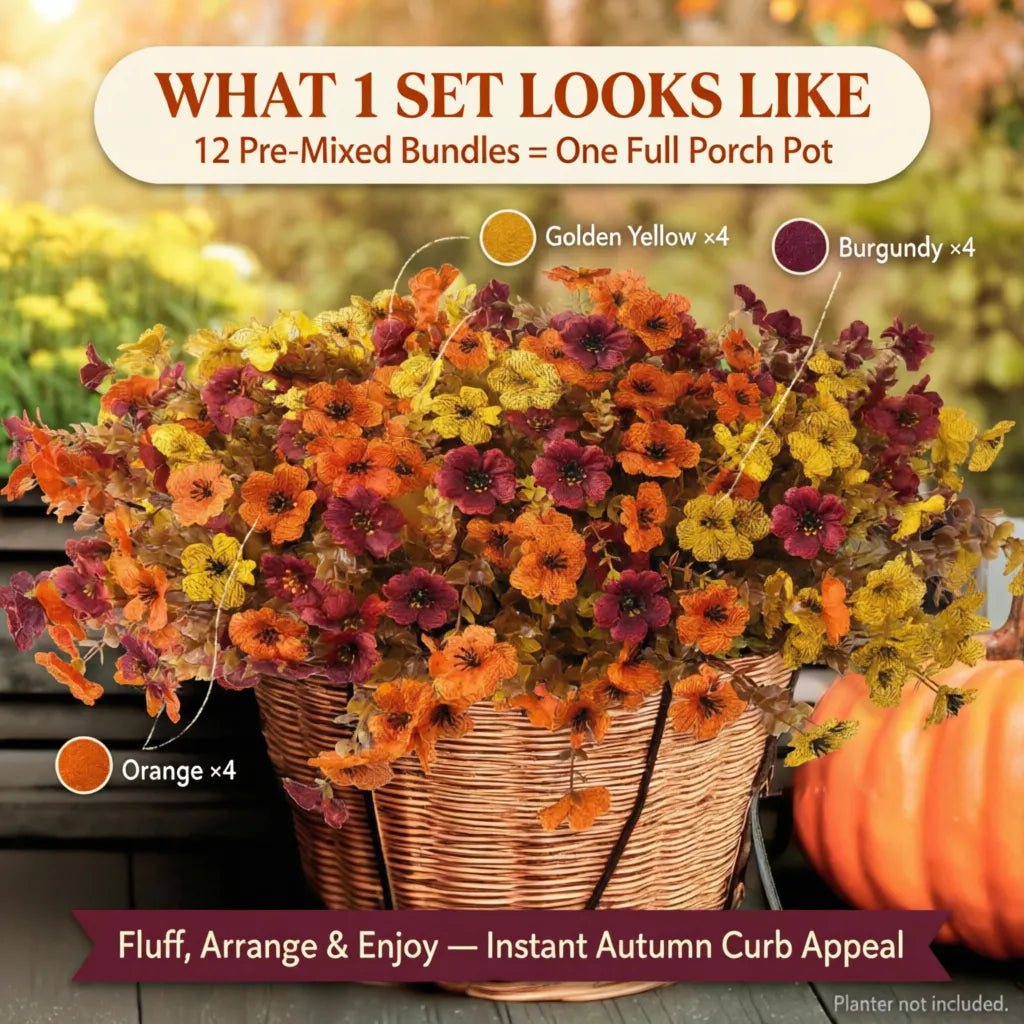 ๐ Instant Autumn Curb Appeal: 2-Pack Artificial Fall Flowers (24 Stems) | Two Pre-Mixed Harvest Bouquets โ One Full Porch Pot Each | UV-Resistant, Fade-Proof Halloween Decor