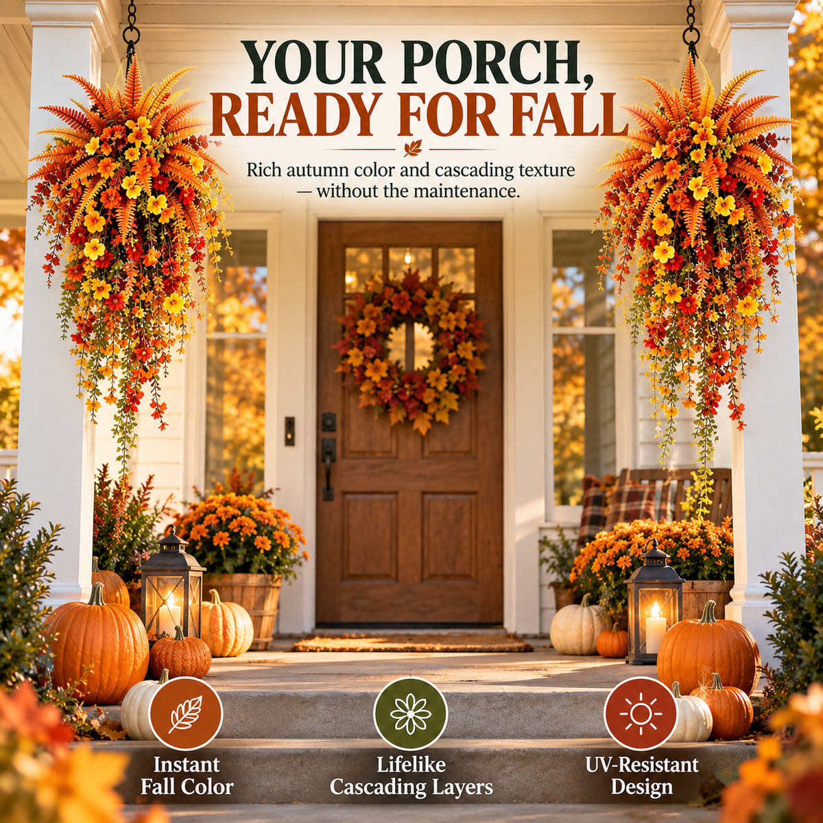 🏡 FALL PORCH FAVORITE🍂 Cascading Faux Fern Swag – Autumn Decor for Doors, Columns & Gates