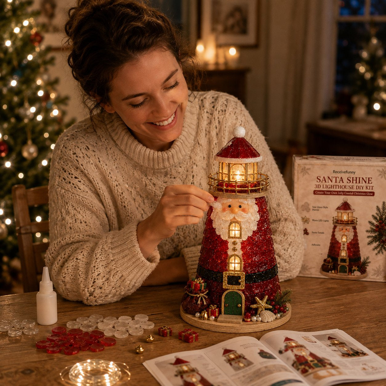 🎄Beginner-Friendly DIY Lighted Christmas Character Sea Glass-Style Lighthouse Kit Collection | Complete Kit with Sea Glass-Style Pieces, LED Lights & Step-by-Step Guide Included