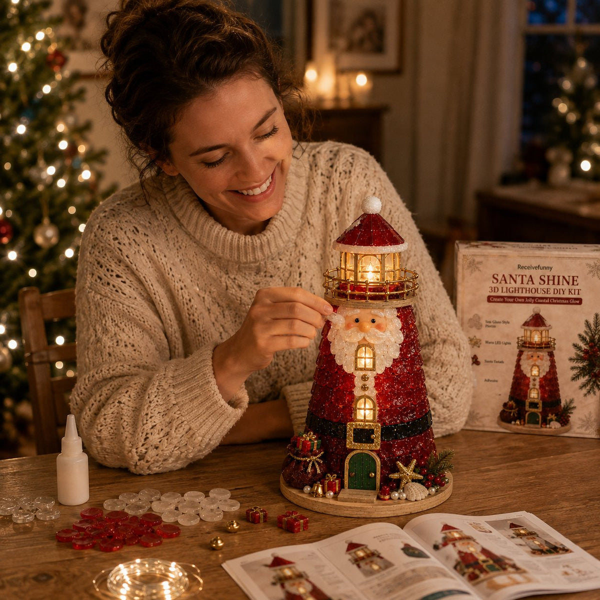 🎄Beginner-Friendly DIY Lighted Christmas Character Sea Glass-Style Lighthouse Kit Collection | Complete Kit with Sea Glass-Style Pieces, LED Lights & Step-by-Step Guide Included