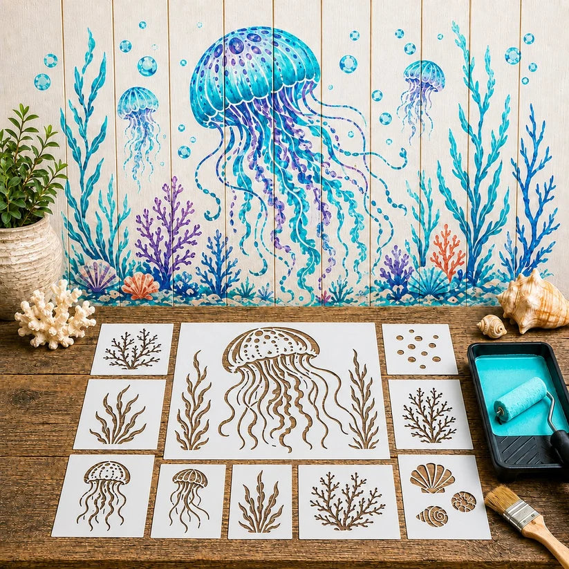 Reusable Ocean Octopus Mural Stencil Set