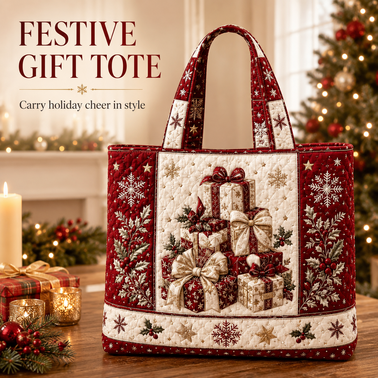 🎄Quilted Christmas Shoulder Tote Bag – Festive Holiday Shopping Bag 🎁
