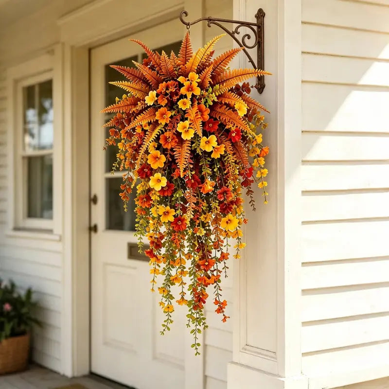 Artificial Boston fern plant, realistic large outdoor hanging autumn faux plant