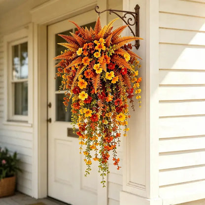 Artificial Boston fern plant, realistic large outdoor hanging autumn faux plant