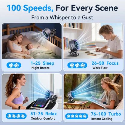 Rechargeable Portable Clip on Fan-100-Speed Touch Control
