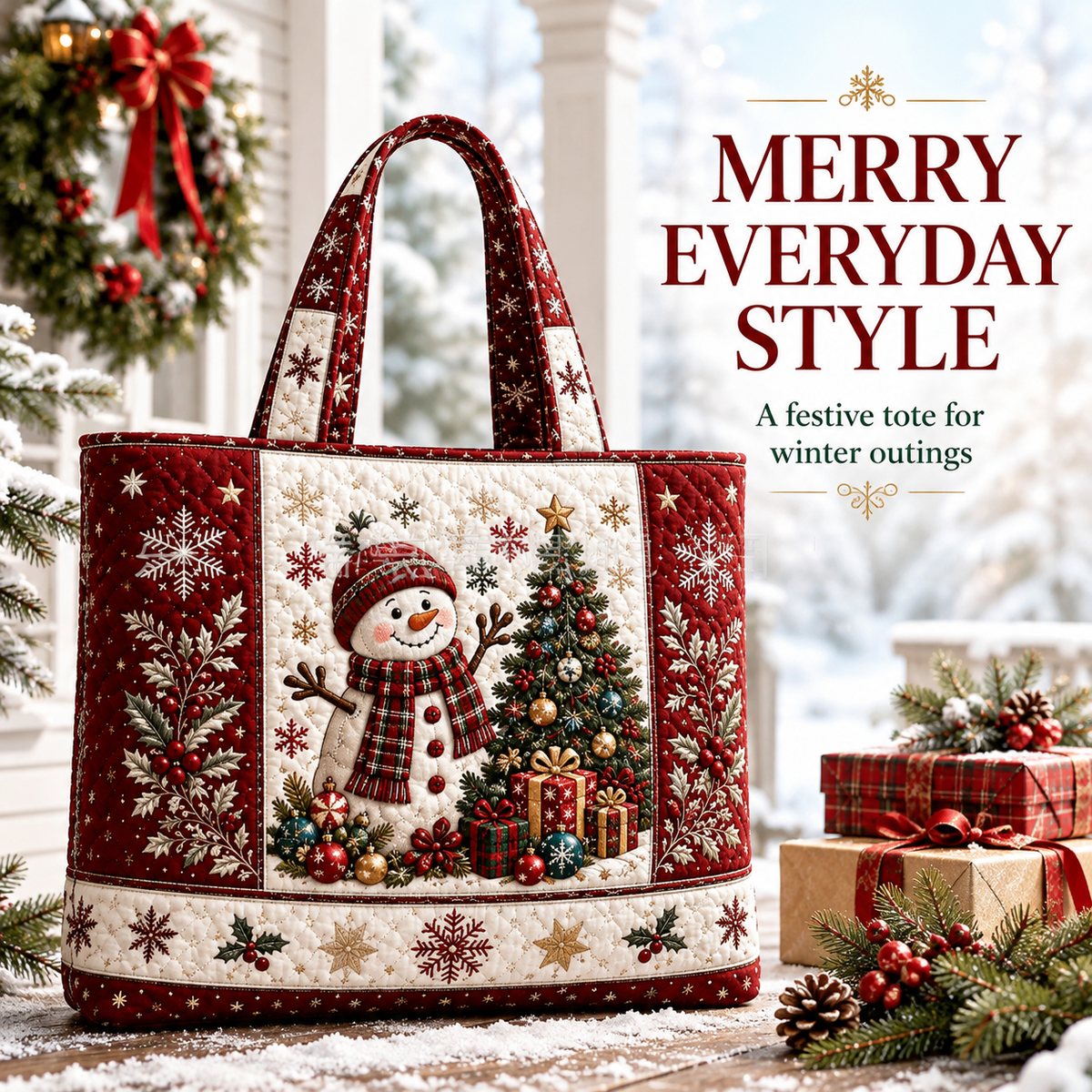 🎄Quilted Christmas Shoulder Tote Bag – Festive Holiday Shopping Bag 🎁
