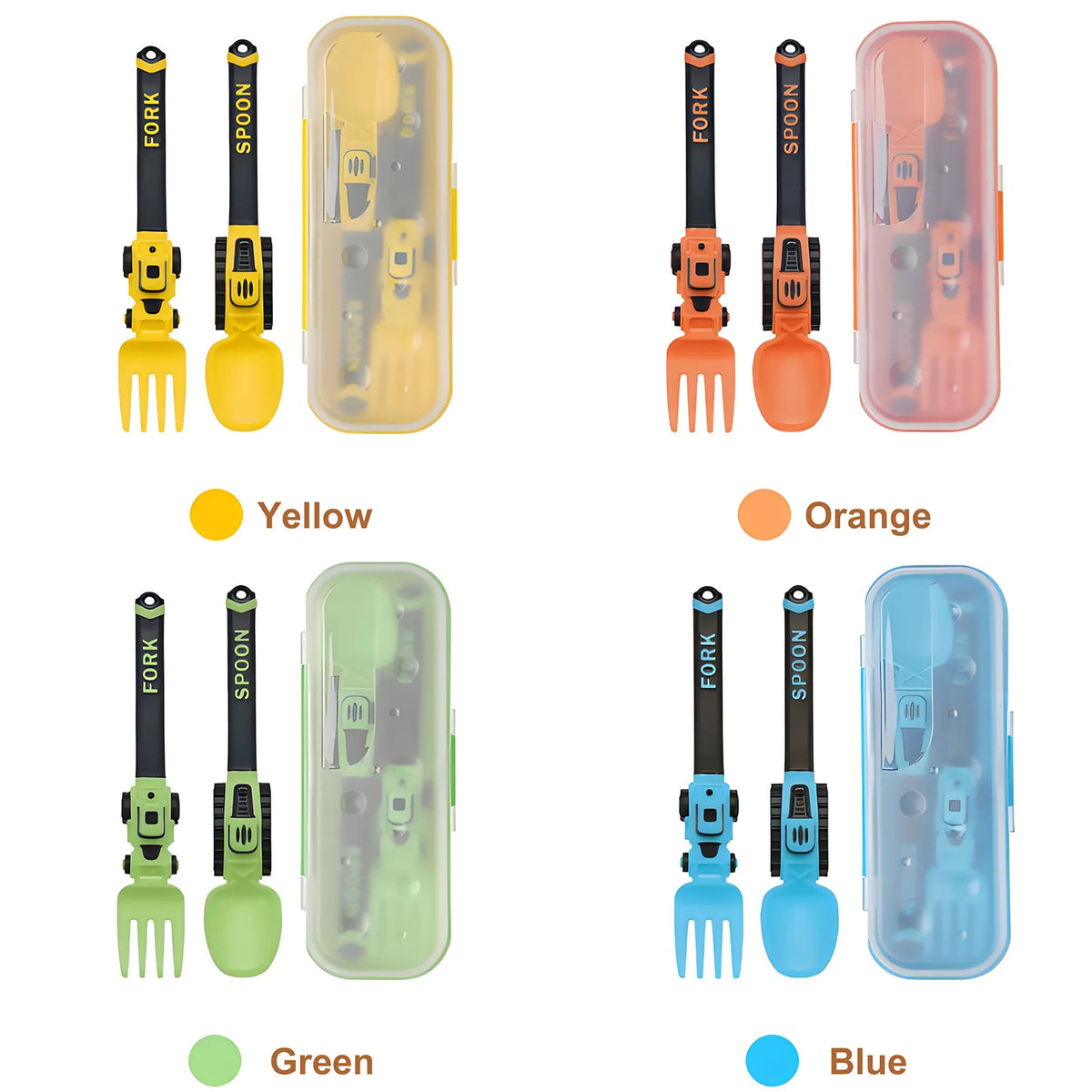 Construction Vehicle Kids Utensil Set 🚜 | 3-Piece Feeding Set with Spoon, Fork & Storage Case | Soft Grip | Dishwasher Safe | Perfect for Travel & Home | Gift Set Utensils