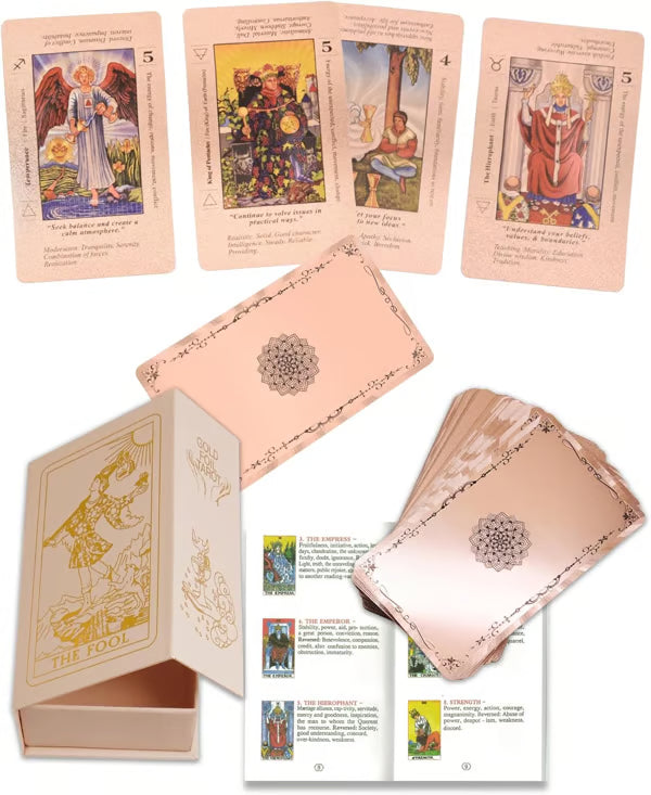 Witchy Cauldron Rose Gold Tarot Cards with Guide Book Waterproof Wrinkle Resistant Foil Tarot Deck for Beginners Includes Chakras Planets Zodiac Signs Elements & Affirmations - Buy 1