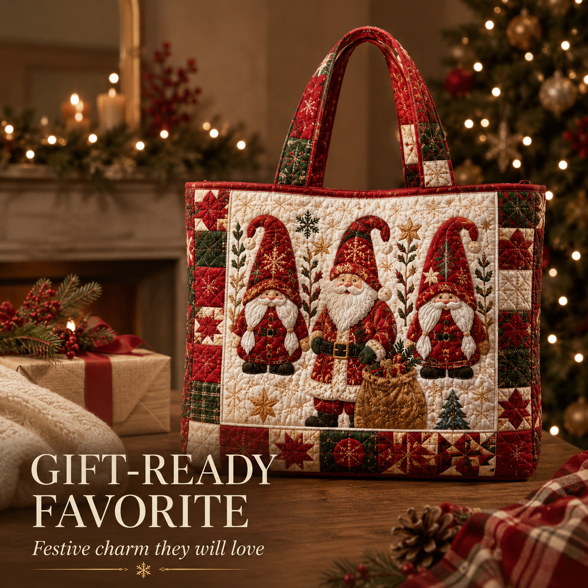 🎄Quilted Christmas Shoulder Tote Bag – Festive Holiday Shopping Bag 🎁