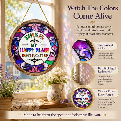 🔥 LAST DAY 49% OFF – 🌈 Stained Glass-Style Happy Place Hanging Suncatcher | Sunlight-Catching Quote Decor for Windows, Porches, Patios & Gifts ✨