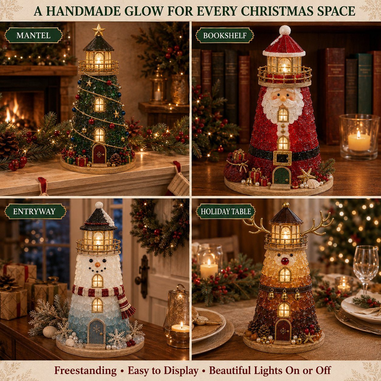 🎄Beginner-Friendly DIY Lighted Christmas Character Sea Glass-Style Lighthouse Kit Collection | Complete Kit with Sea Glass-Style Pieces, LED Lights & Step-by-Step Guide Included