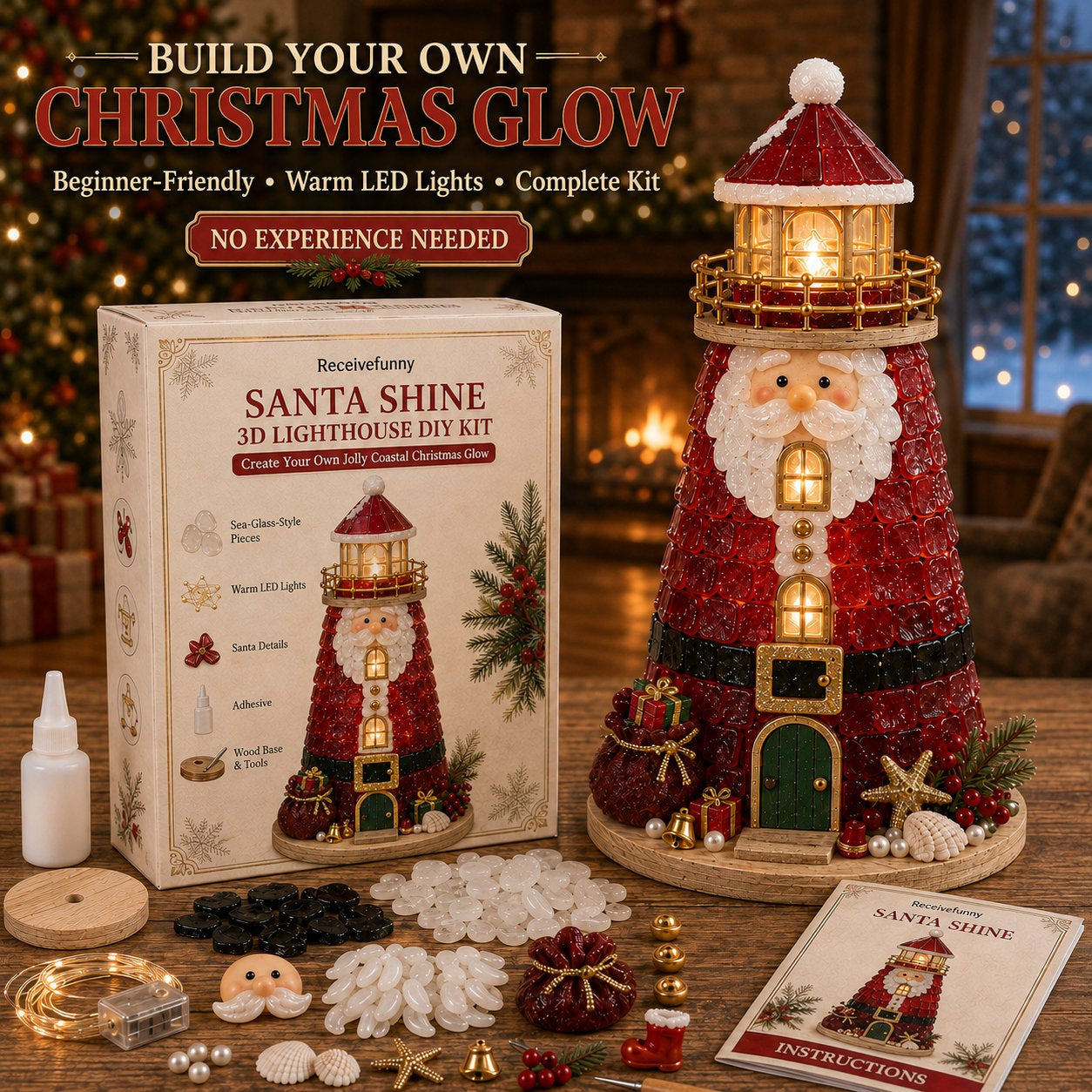 🎄Beginner-Friendly DIY Lighted Christmas Character Sea Glass-Style Lighthouse Kit Collection | Complete Kit with Sea Glass-Style Pieces, LED Lights & Step-by-Step Guide Included