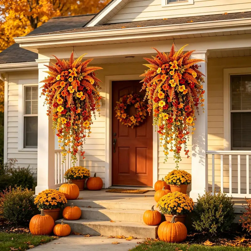 Artificial Boston fern plant, realistic large outdoor hanging autumn faux plant