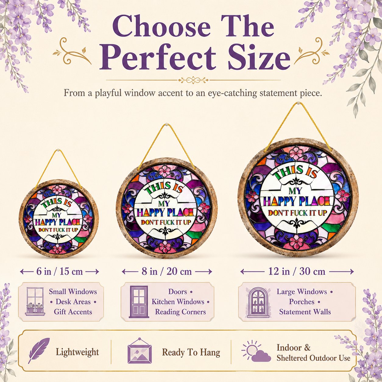🔥 LAST DAY 49% OFF – 🌈 Stained Glass-Style Happy Place Hanging Suncatcher | Sunlight-Catching Quote Decor for Windows, Porches, Patios & Gifts ✨