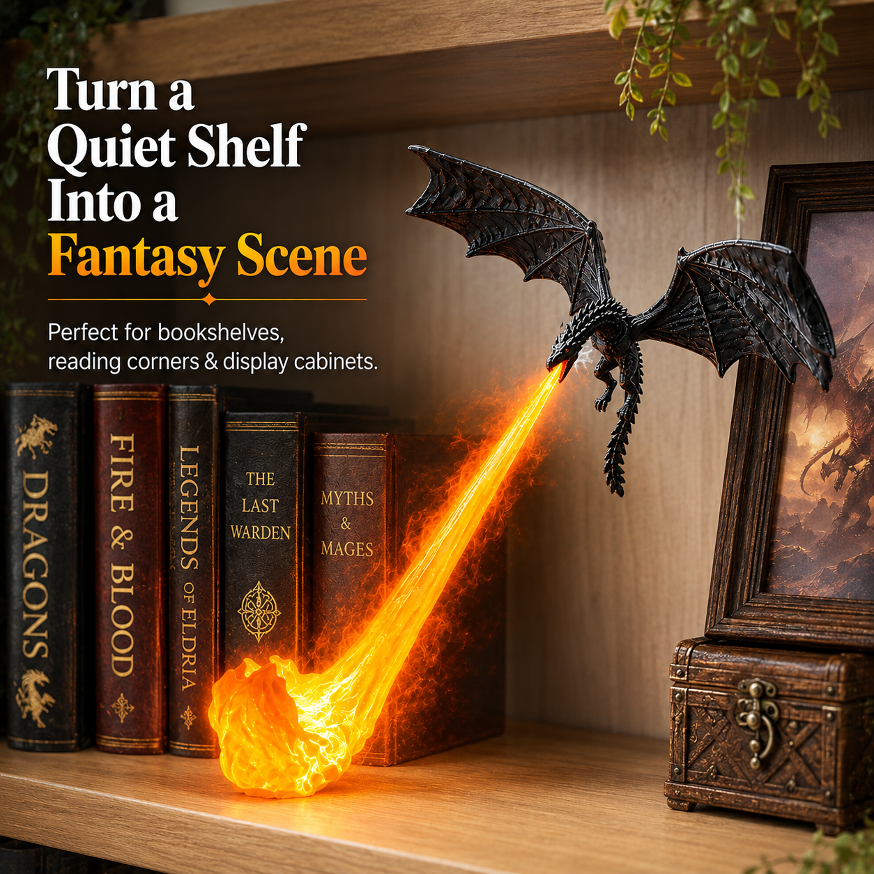 🔥 HOT DEAL 55% OFF🐉 Glowing Dragon Bookend with LED Flame Effect