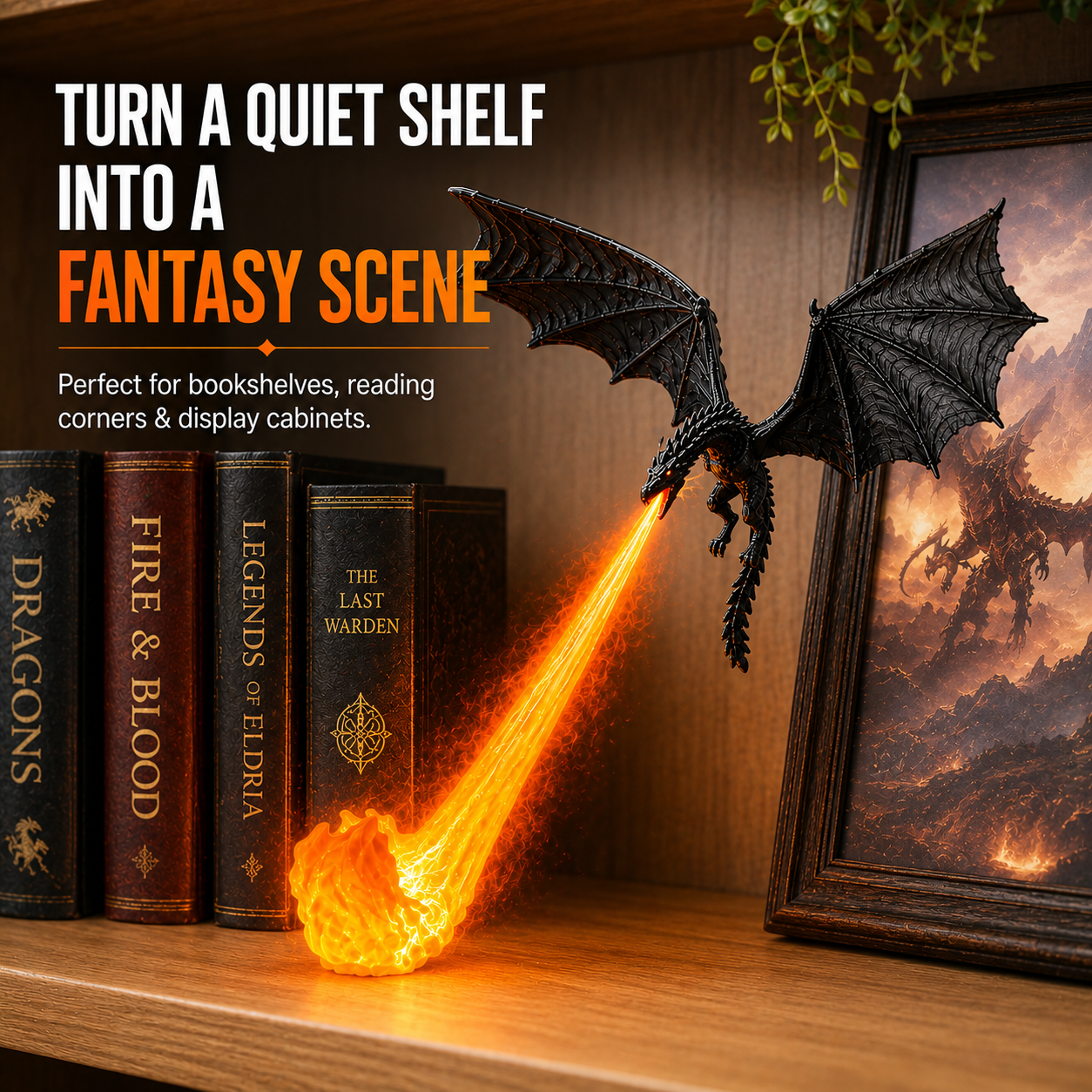 🔥 HOT DEAL 55% OFF🐉 Glowing Dragon Bookend with LED Flame Effect