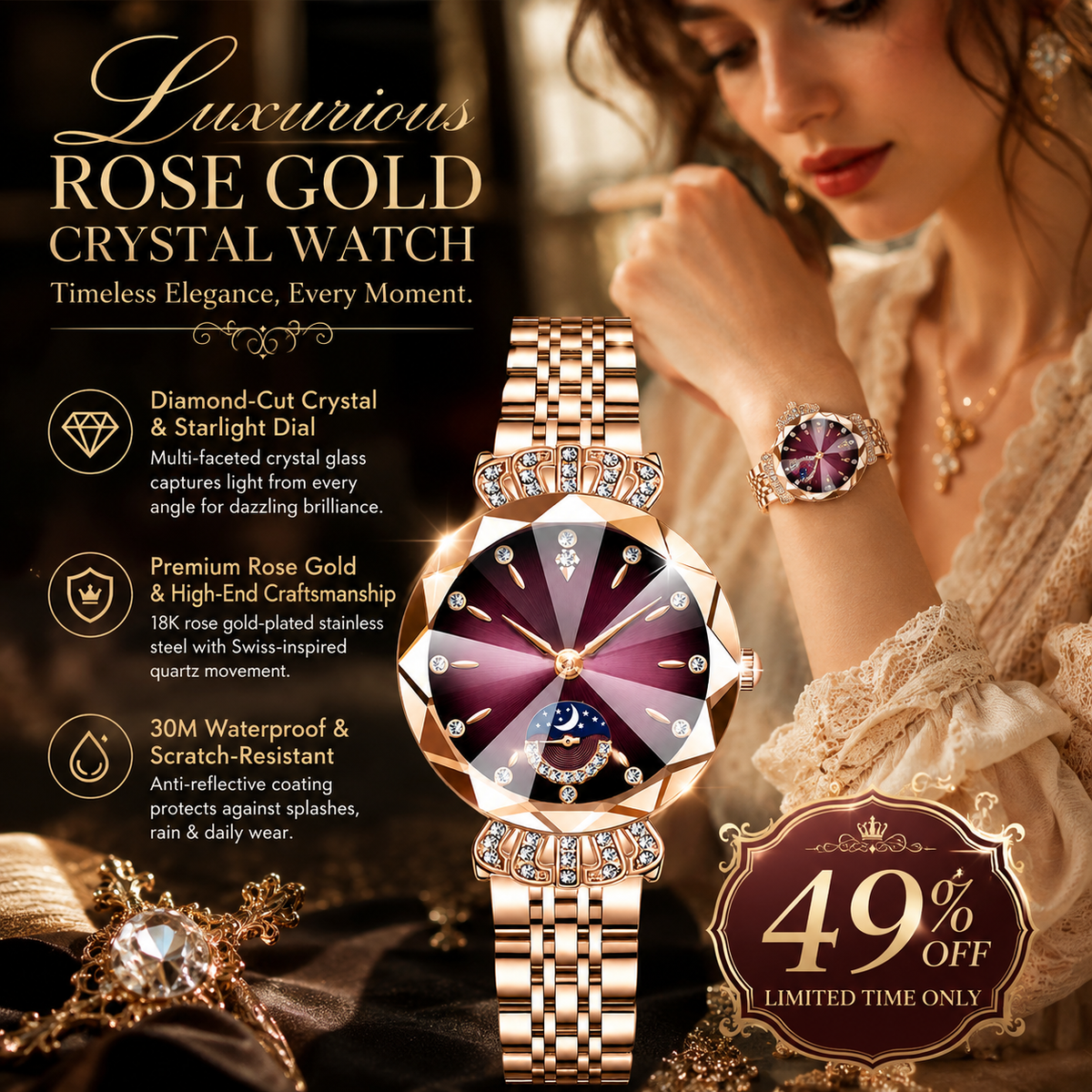 👑 Luxurious Rose Gold Crystal Quartz Watch – Diamond Cut Vintage Wristwatch ✨