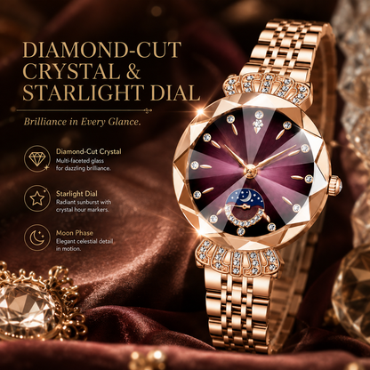 👑 Luxurious Rose Gold Crystal Quartz Watch – Diamond Cut Vintage Wristwatch ✨