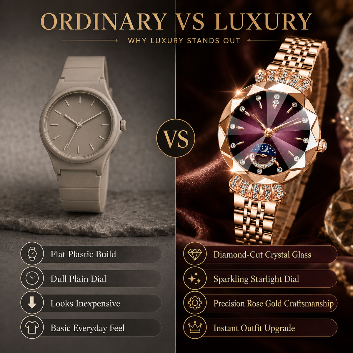 👑 Luxurious Rose Gold Crystal Quartz Watch – Diamond Cut Vintage Wristwatch ✨