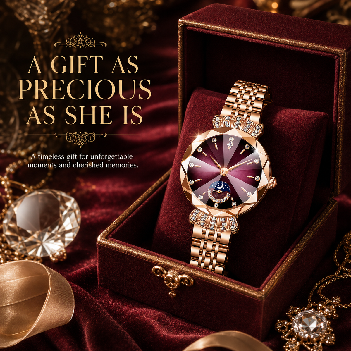 👑 Luxurious Rose Gold Crystal Quartz Watch – Diamond Cut Vintage Wristwatch ✨