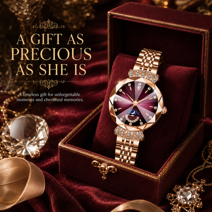 👑 Luxurious Rose Gold Crystal Quartz Watch – Diamond Cut Vintage Wristwatch ✨
