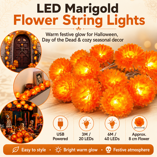 🎉💀New Arrival 50% OFF! 🌼 Artificial Marigold Flower Led String Light – Perfect For Day Of The Dead & Halloween, 20 Leds, 8 Modes, Waterproof. Create A Festive Altar Or Spooky Porch! 🕯️🎃🧡