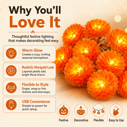 🎉💀New Arrival 50% OFF! 🌼 Artificial Marigold Flower Led String Light – Perfect For Day Of The Dead & Halloween, 20 Leds, 8 Modes, Waterproof. Create A Festive Altar Or Spooky Porch! 🕯️🎃🧡
