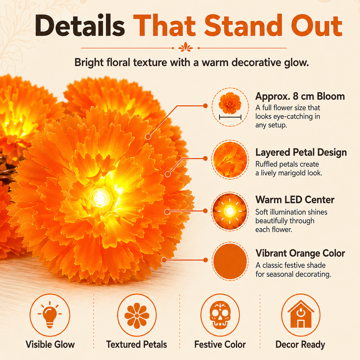 🎉💀New Arrival 50% OFF! 🌼 Artificial Marigold Flower Led String Light – Perfect For Day Of The Dead & Halloween, 20 Leds, 8 Modes, Waterproof. Create A Festive Altar Or Spooky Porch! 🕯️🎃🧡