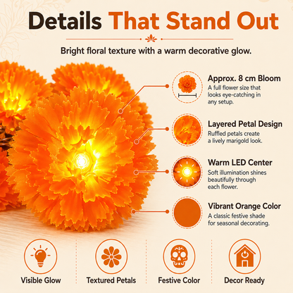 🎉💀New Arrival 50% OFF! 🌼 Artificial Marigold Flower Led String Light – Perfect For Day Of The Dead & Halloween, 20 Leds, 8 Modes, Waterproof. Create A Festive Altar Or Spooky Porch! 🕯️🎃🧡