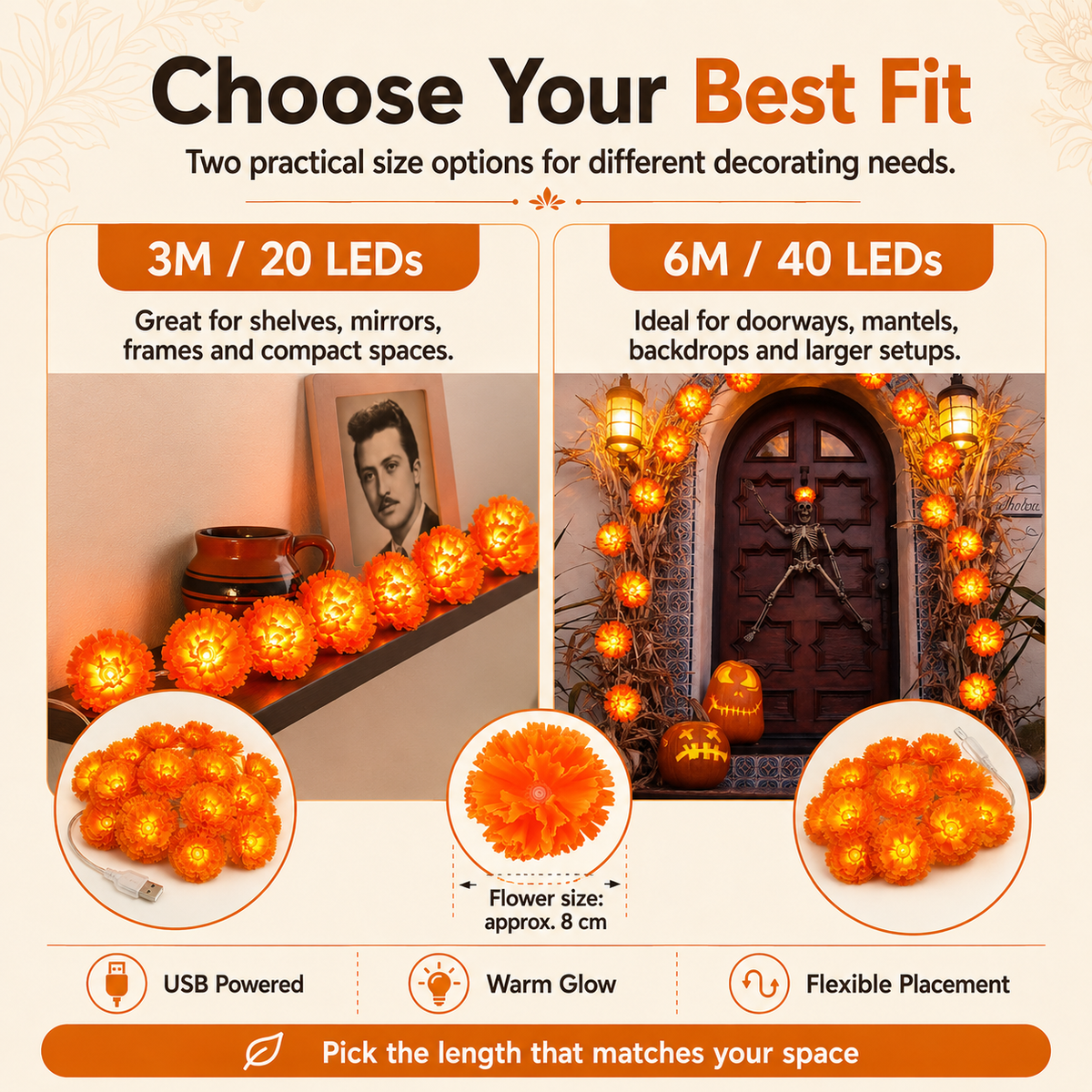 🎉💀New Arrival 50% OFF! 🌼 Artificial Marigold Flower Led String Light – Perfect For Day Of The Dead & Halloween, 20 Leds, 8 Modes, Waterproof. Create A Festive Altar Or Spooky Porch! 🕯️🎃🧡