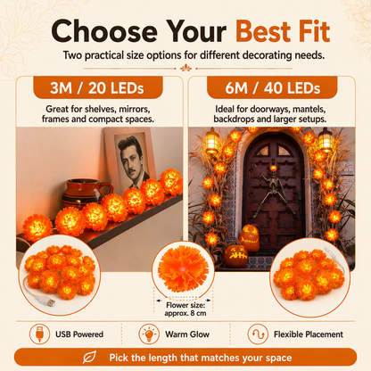🎉💀New Arrival 50% OFF! 🌼 Artificial Marigold Flower Led String Light – Perfect For Day Of The Dead & Halloween, 20 Leds, 8 Modes, Waterproof. Create A Festive Altar Or Spooky Porch! 🕯️🎃🧡