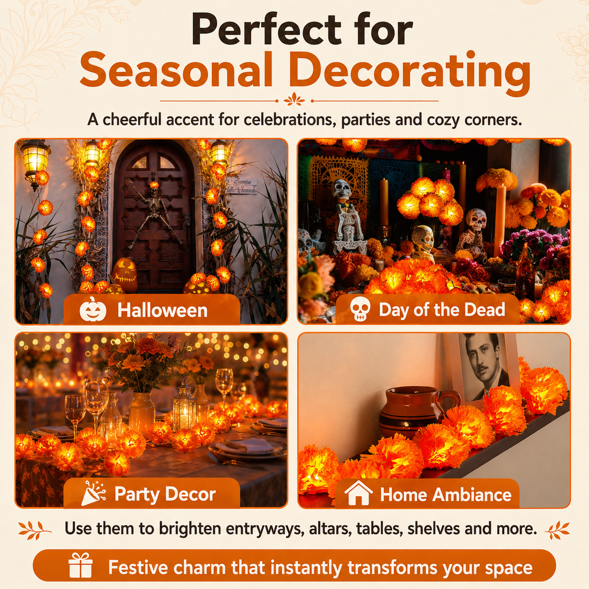 🎉💀New Arrival 50% OFF! 🌼 Artificial Marigold Flower Led String Light – Perfect For Day Of The Dead & Halloween, 20 Leds, 8 Modes, Waterproof. Create A Festive Altar Or Spooky Porch! 🕯️🎃🧡