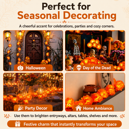 🎉💀New Arrival 50% OFF! 🌼 Artificial Marigold Flower Led String Light – Perfect For Day Of The Dead & Halloween, 20 Leds, 8 Modes, Waterproof. Create A Festive Altar Or Spooky Porch! 🕯️🎃🧡
