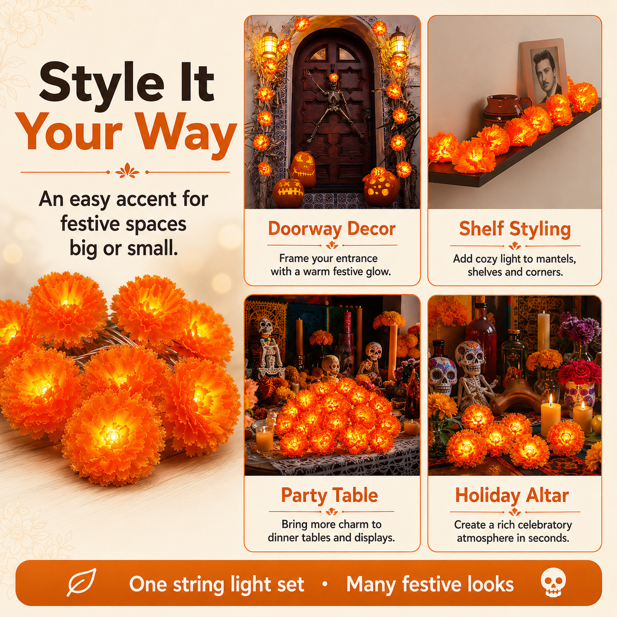 🎉💀New Arrival 50% OFF! 🌼 Artificial Marigold Flower Led String Light – Perfect For Day Of The Dead & Halloween, 20 Leds, 8 Modes, Waterproof. Create A Festive Altar Or Spooky Porch! 🕯️🎃🧡