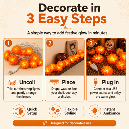 🎉💀New Arrival 50% OFF! 🌼 Artificial Marigold Flower Led String Light – Perfect For Day Of The Dead & Halloween, 20 Leds, 8 Modes, Waterproof. Create A Festive Altar Or Spooky Porch! 🕯️🎃🧡