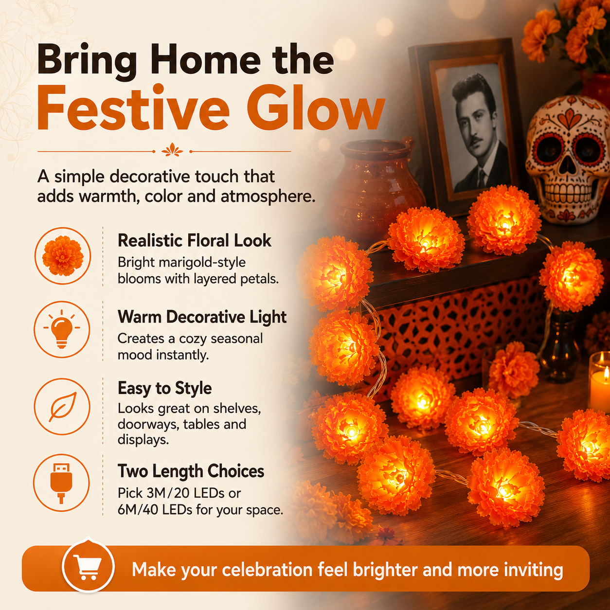 🎉💀New Arrival 50% OFF! 🌼 Artificial Marigold Flower Led String Light – Perfect For Day Of The Dead & Halloween, 20 Leds, 8 Modes, Waterproof. Create A Festive Altar Or Spooky Porch! 🕯️🎃🧡
