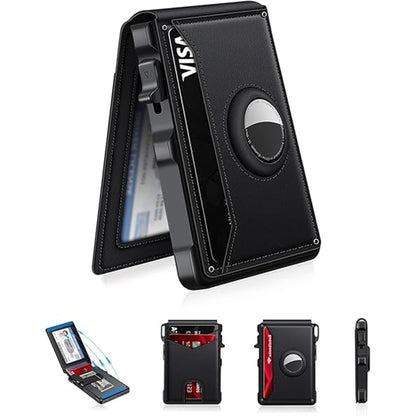 Slim Magnetic AirTag Leather Flip Card Wallet with ID Slot