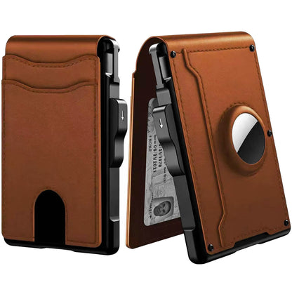 Slim Magnetic AirTag Leather Flip Card Wallet with ID Slot