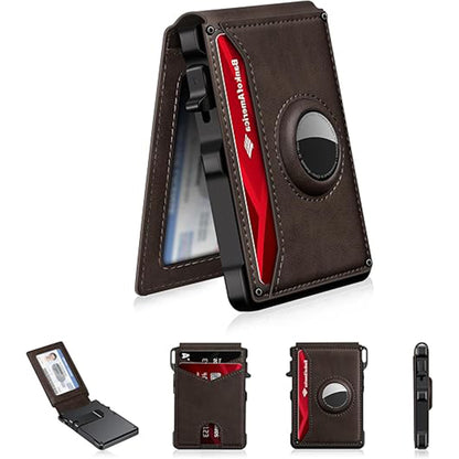 Slim Magnetic AirTag Leather Flip Card Wallet with ID Slot