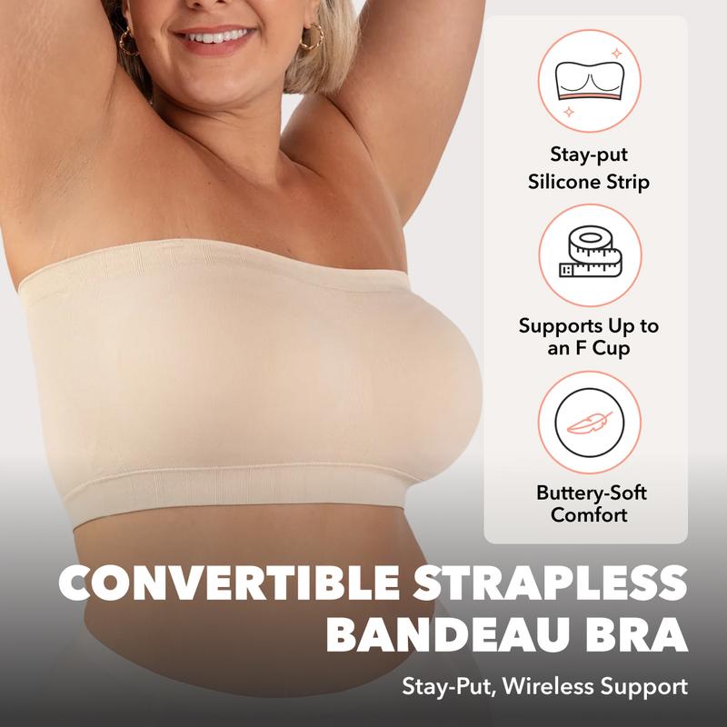 Convertible Strapless Bandeau Bra - Wireless, No-Slip