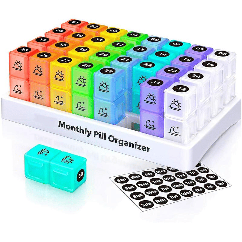 💊 Monthly AM/PM Pill Organizer – Twice-a-Day Medicine & Vitamin Storage with Stickers - Multicolor